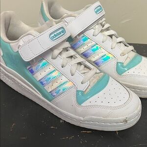 Adidas White and Blue Sneakers with Iridescent Stripes